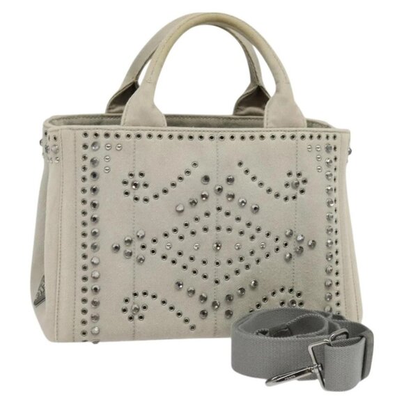PRADA Bijoux Canapa PM Hand Bag Canvas 2way Gray Auth 126588 - Picture 1 of 16